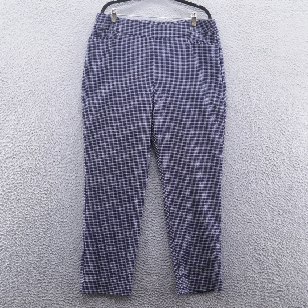 Chicos Blue White Grid Womens Pull On Pants Size 3 US 16 Stretch Straight‎ Leg